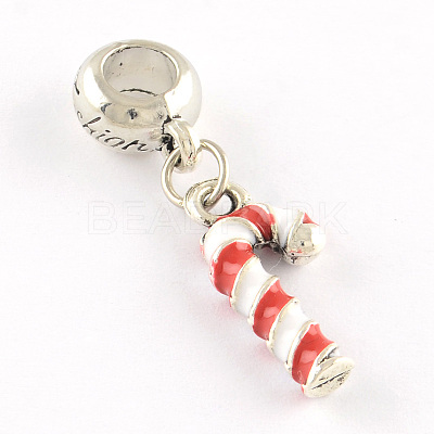 Antique Silver Plated Christmas Candy Cane Alloy Enamel European Dangle Charms ENAM-Q421-22-1