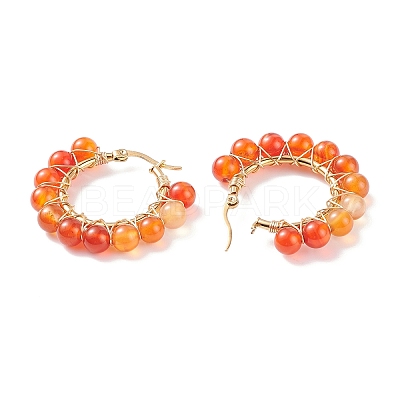 Round Natural Red Agate Wire Wrapped Big Hoop Earrings for Women EJEW-TA00048-01-1