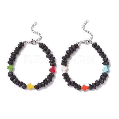 Synthetic Turquoise Cross & Natural Lava Rock Nuggets Beaded Bracelets BJEW-JB12194-1