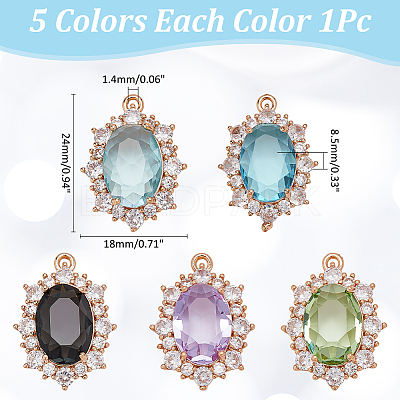 5Pcs 5 Colors Brass Glass Clear Cubic Zirconia Pendants KK-WR0001-66-1