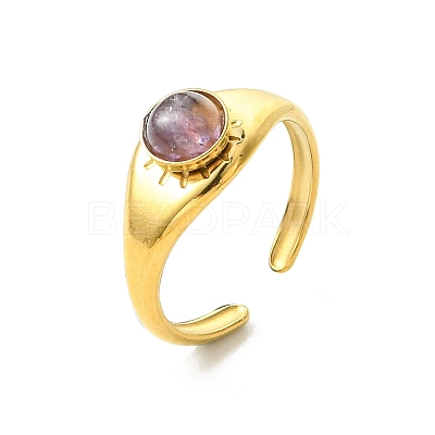 Natural Gemstone Sun 304 Stainless Steel Cuff Open Rings for Women RJEW-JR01065-1
