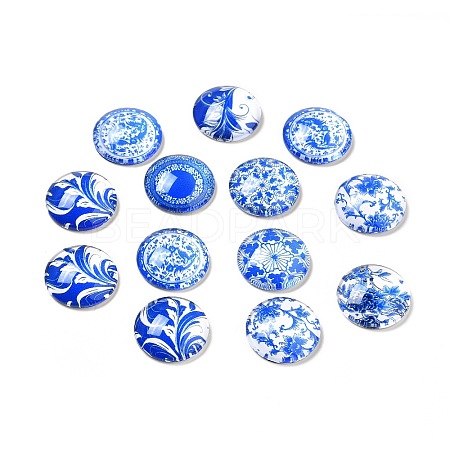 Blue and White Floral Printed Glass Cabochons X-GGLA-A002-18mm-XX-1