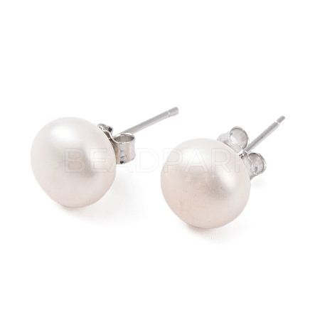 Natural Pearl Round Bead Stud Earrings EJEW-E298-01E-01P-1
