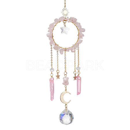 Natural Rose Quartz Chip Pendant Decorations with Brass Moon & Cable Chain & Electroplated Quartz Crystal Tassel HJEW-JM01650-04-1