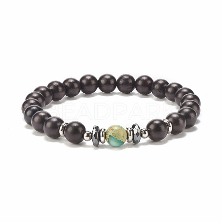 Synthetic Hematite & Natural Wood & Imperial Jasper(Dyed) Round Beaded Stretch Bracelet BJEW-JB07924-1