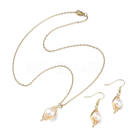 Natural Pearl Pendant Necklace & Dangle Earrings X-SJEW-JS01276-1
