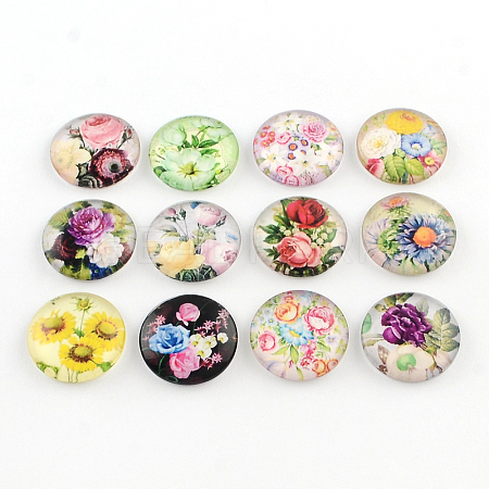 Half Round/Dome Floral Pattern Glass Flatback Cabochons for DIY Projects GGLA-Q037-18mm-M16-1