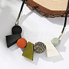 Bohemian Style Trapezoid & Round Wood Beaded Pendant Black Waxed Cord Bib Necklaces for Women FS-WG1625A-02-3