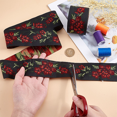 7M Flat Ethnic Style Polyester Jacquard Flower Ribbon OCOR-WH0082-132-1