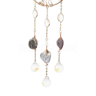 Natural Fluorite Chips Beaded Moon with Tree of Life Hanging Sun Catchers HJEW-M004-12-1