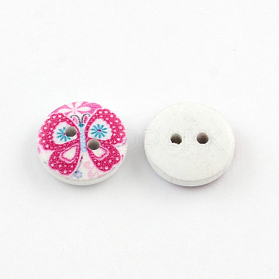 2-Hole Flower Pattern Printed Wooden Buttons BUTT-R033-021-1