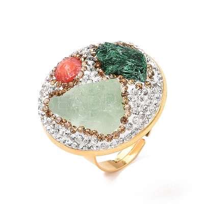 Natural & Synthetic Mixed Gemstone Irregular Beaded Adjustable Ring with Crystal Rhinestone G-I330-10G-1