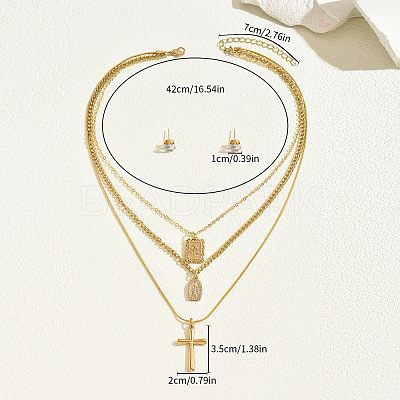 Brass Cubic Zirconia Stud Earrings & Three-layer Pendant Necklaces Sets FS-WG699DA-01-1