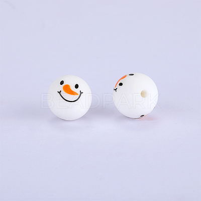 Christmas Printed Round with Snowman Pattern Silicone Focal Beads SI-JX0056A-118-1