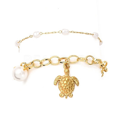 2Pcs 2 Styles 304 Stainless Steel Sea Turtle & Round Shell Pearl Charm Bracelets & 316 Surgical Stainless Steel Plastic Imitation Pearl Link Bracelets Set for Women BJEW-JB12422-1