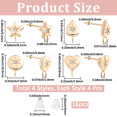 16Pcs Brass Micro Pave Clear Cubic Zirconia Stud Earring Findings MAK-BBC0001-19B-1