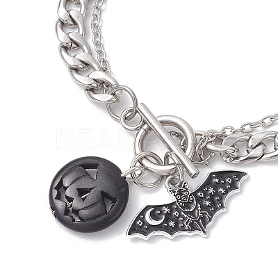 3Pcs 3 Colors Halloween Alloy Enamel Bat and Dyed Synthetic Turquoise Pumpkin Charm 304 Stainless Steel Bracelet Sets BJEW-JB12446-1