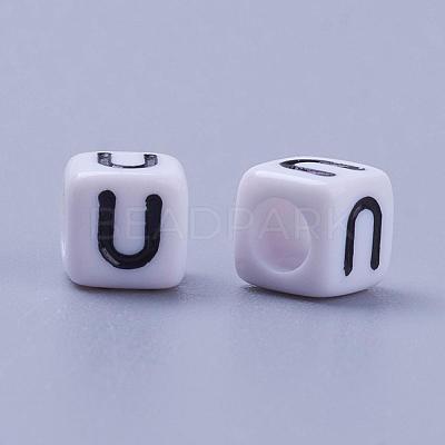 Letter U White Letter Acrylic Cube Beads X-PL37C9308-U-1