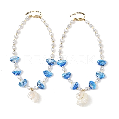 Summer Beach Natural Sea Shell Pendant Handmade Lampwork & Imitation Pearl Beaded Necklaces NJEW-JN06371-1