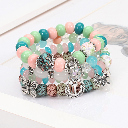 4Pcs Bohemian Style Alloy & Glass & Acrylic Charm Bracelets Set WG8E884-06-1