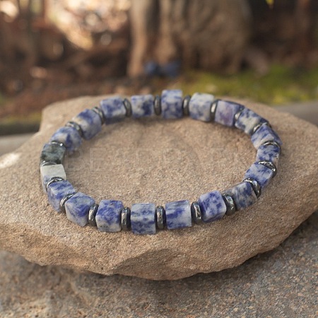Cube Natural Blue Spot Jasper & Synthetic Non-magnetic Hematite Beads Stretch Bracelets for Women Men PF6426-15-1