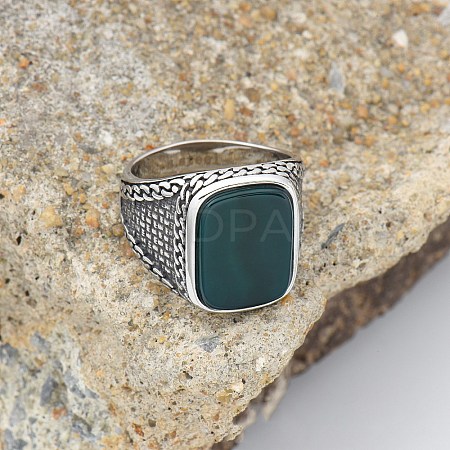 304 Stainless Steel with Natural Green Onyx Agate Finger Rings FS-WG67565-11-1