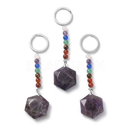 Natural Amethyst Hexagon Pendant Keychain G-Z033-02A-P-1