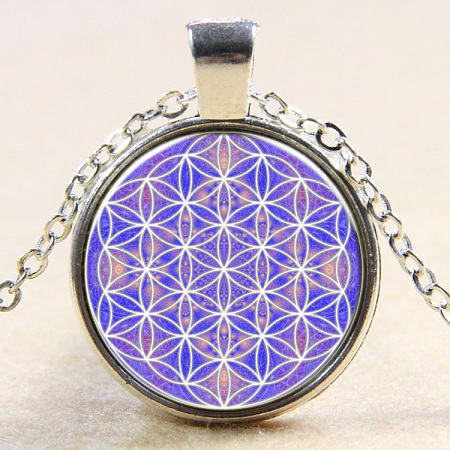 Kaleidoscope Pattern Flat Round Glass Pendant Necklaces NJEW-N0051-024C-02-1