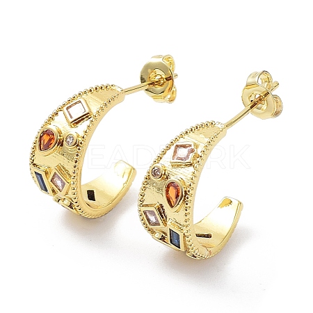 Colorful Cubic Zirconia Crescent Moon Stud Earrings EJEW-B027-17G-1