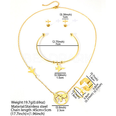 Airplane & Earth 201 Stainless Steel Pendant Necklace & Stud Earring & Cuff Ring & Cuff Bangle Sets FS-WG54043-01-1