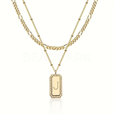 Brass Micro Pave Clear Cubic Zirconia Rectangle with Initial Pendant Double Layer Necklaces for Women FS-WG478B5-10-1