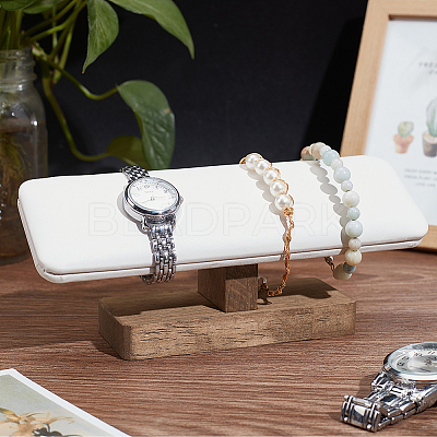 PU Leather T-Bar Bracelet Display Stands with Wooden Base BDIS-WH0010-11C-1