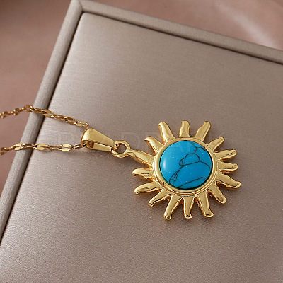 Vintage 304 Stainless Steel Sun Pendant Necklace with Dyed Synthetic Turquoise Stone for Women TN1181-1