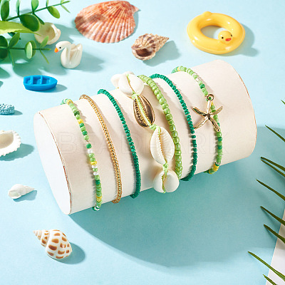 2 Bags Summer Beach Glass Seed Beaded & Natural Shell & Alloy Starfish Charm Anklet Sets AJEW-TA0003-69E-1
