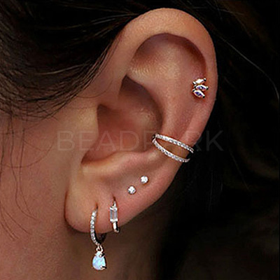 316 Surgical Stainless Steel Micro Pave Clear Cubic Zirconia 2 Line Hoop Cartilage Earrings WGDA01E-02-1