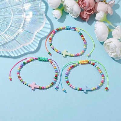 Cross & Round Acrylic Braided Bead Bracelets BJEW-JB10239-02-1