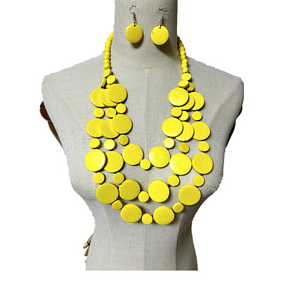 Ethnic Style Wood Flat Round Beaded Multilayer Necklaces & Dangle Earrings Sets WG19BD2-07-1