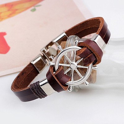 Helm Alloy Leather Cord Link Bracelets BJEW-P0001-13-1