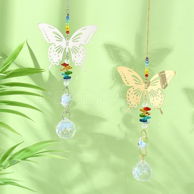 2Pcs 2 Colors 201 Stainless Steel Butterfly Shape & Rainbow Crystal Glass Hanging Suncatcher HJEW-TA00445-1