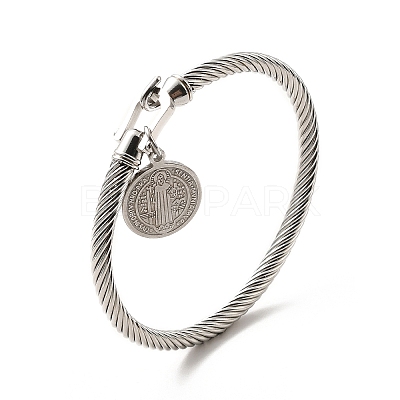 304 Stainless Steel Saint Benedict Charms Twist Rope Bangle for Women BJEW-P283-06C-1