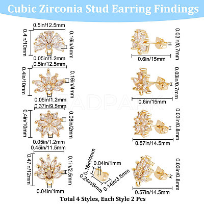 4 Pairs 4 Style Brass Cubic Zirconia Flower Stud Earring Findings EJEW-BBC0001-11-1