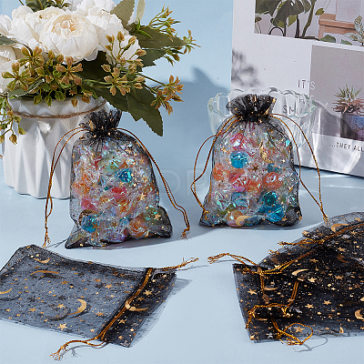 50Pcs Gold Stamping Moon & Star Organza Drawstring Gift Storage Bags OP-BBC0001-03A-02-1