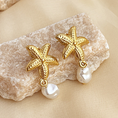 304 Stainless Steel Plastic Pearl Dangle Stud Earrings EJEW-G422-01G-01-1