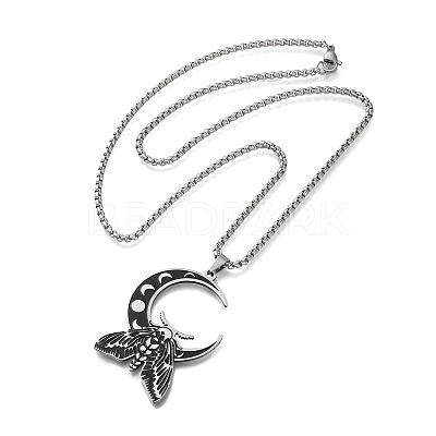 201 Stainless Steel Crescent Moon with Moth Pendant Box Chain Necklaces STAS-D196-01P-1