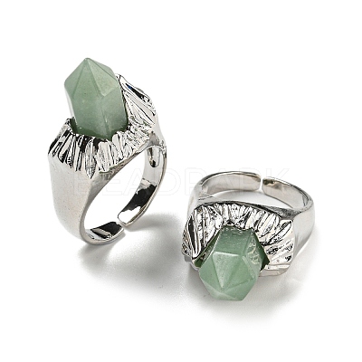 Hexagonal Prism Natural Green Aventurine Open Cuff Rings RJEW-B106-01P-01-1
