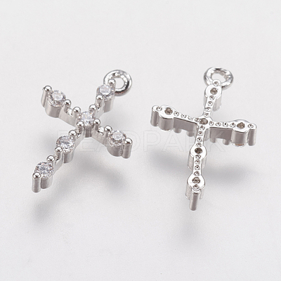 Brass Micro Pave Cubic Zirconia Tiny Cross Charms ZIRC-G133-07P-1
