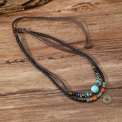 Adjustable Coin Alloy & Synthetic Turquoise & Wood Beaded Pendant Necklaces FS-WG4430E-01-1