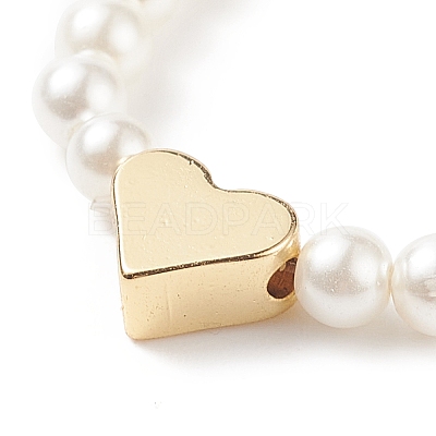 Shell Pearl & Brass Heart Beaded Stretch Rings for Women RJEW-TA00056-1