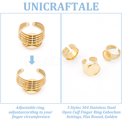 3Pcs 3 Styles 304 Stainless Steel Open Cuff Finger Ring Cabochon Settings STAS-UN0059-66G-1
