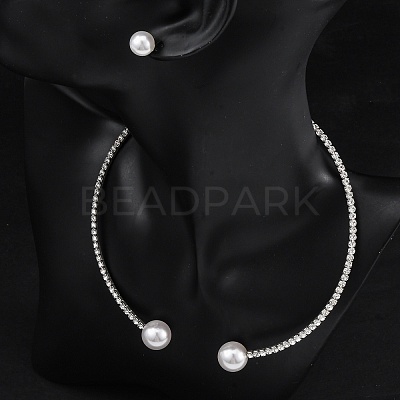 Round Plastic Imitation Pearl Stud Earrings & Rhinestone Cuff Choker Necklaces Sets SJEW-U003-04P-1